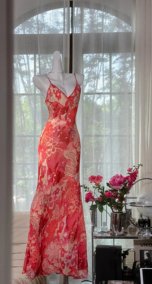 Gorgeous Red Spaghetti Straps Sheath Chiffon Beading Long Prom Dresses Vintage Evening Gowns ED02888