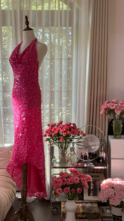 Stunning Hot Pink Halter Neck Sheath Sequins Long Prom Dresses Formal Evening Gowns with Open Back ED02892