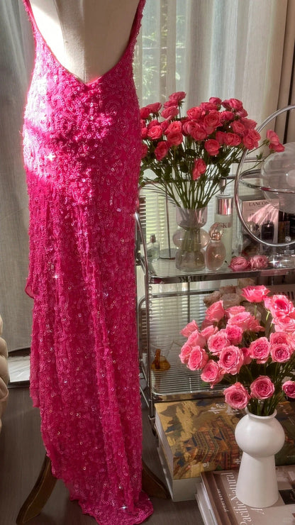 Stunning Hot Pink Halter Neck Sheath Sequins Long Prom Dresses Formal Evening Gowns with Open Back ED02892