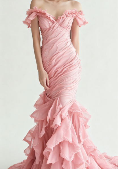 Burgundy Off-shoulder Mermaid Tulle Sequins Long Prom Dresses Formal Evening Gowns HZ1024
