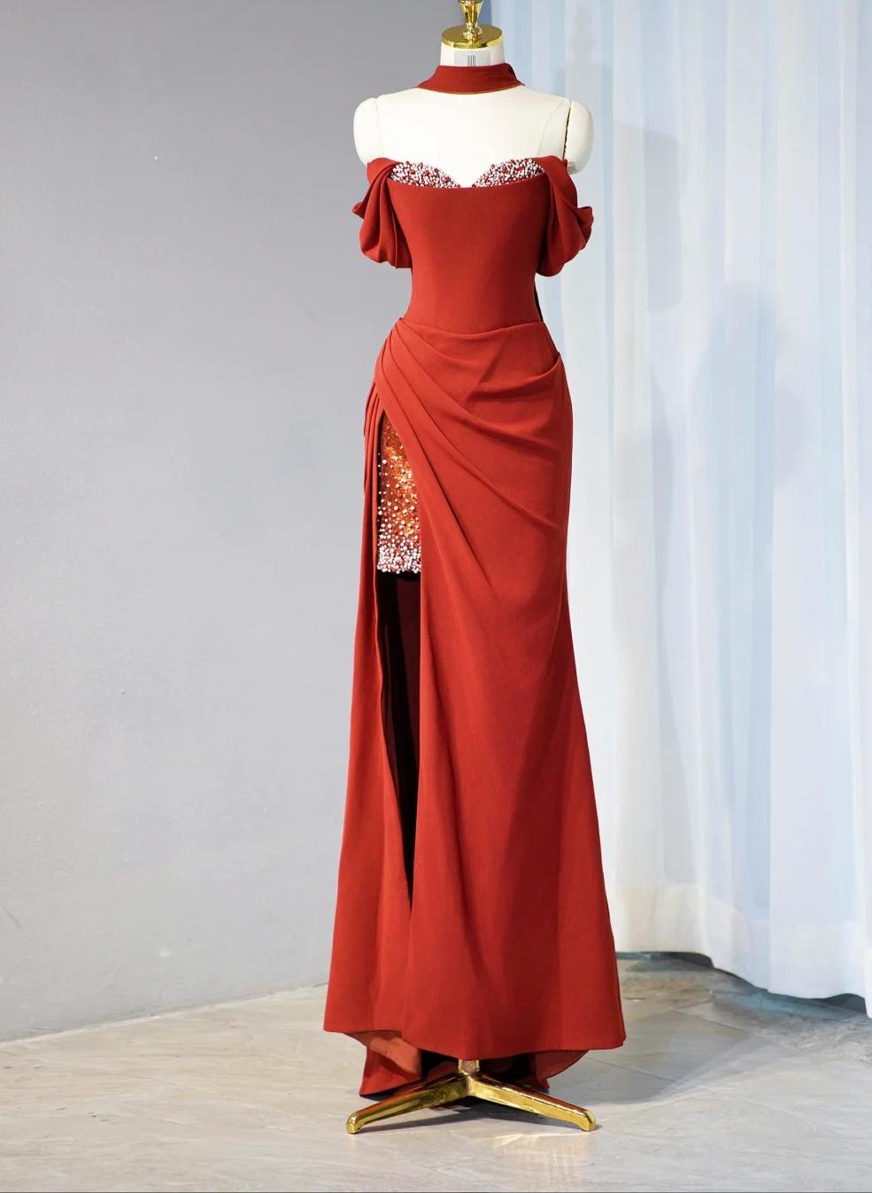 Burgundy Off-shoulder Sheath Chiffon Long Prom Dresses Formal Evening Gowns with Slits HZ1024