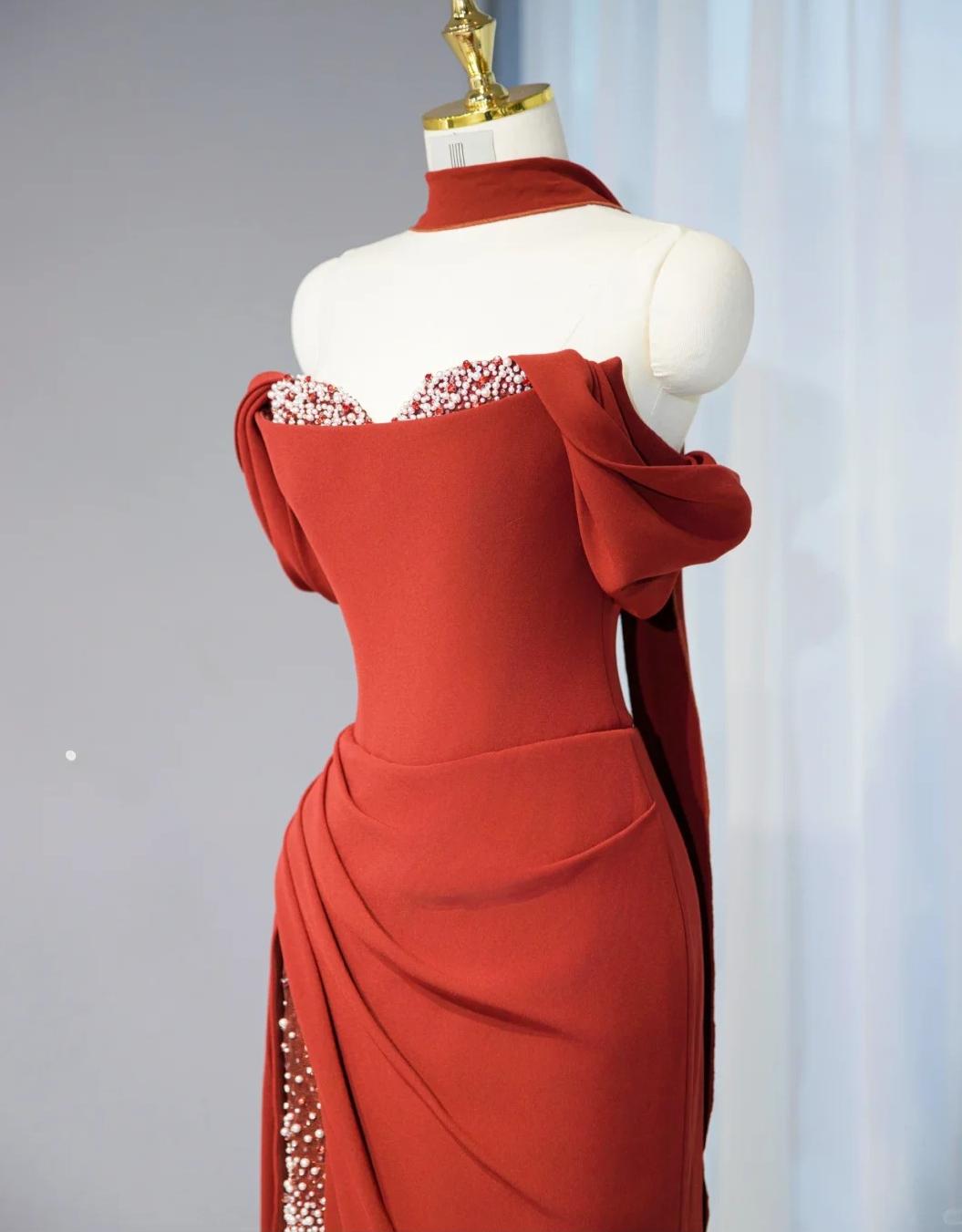 Burgundy Off-shoulder Sheath Chiffon Long Prom Dresses Formal Evening Gowns with Slits HZ1024