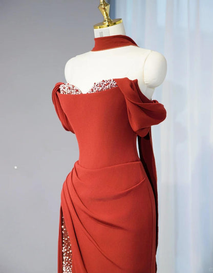 Burgundy Off-shoulder Sheath Chiffon Long Prom Dresses Formal Evening Gowns with Slits HZ1024
