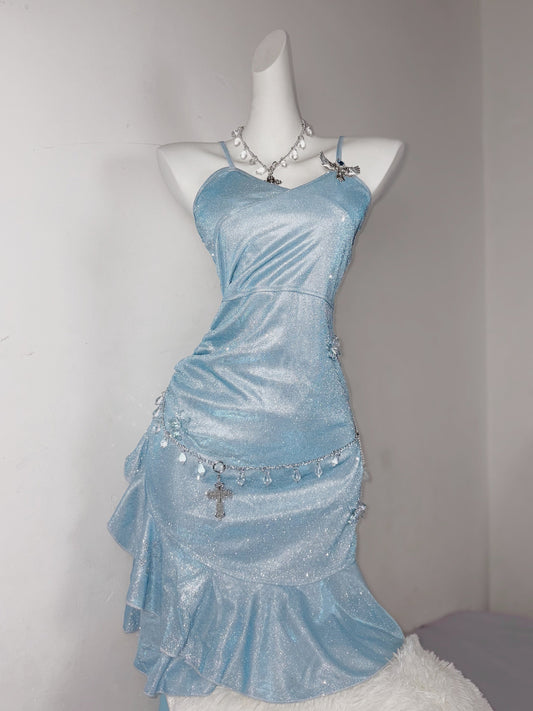 Ice Blue Spaghetti Straps Bodycon Ruffles Short Party Dress HZ1024