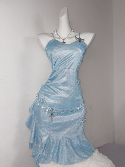 Glitter Ice Blue Spaghetti Straps Bodycon Ruffles Short Party Dress ED02918