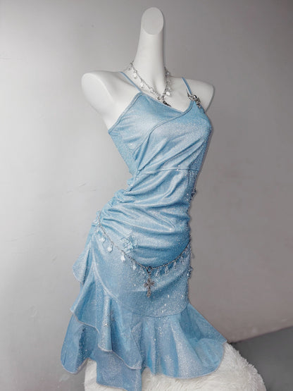 Glitter Ice Blue Spaghetti Straps Bodycon Ruffles Short Party Dress ED02918