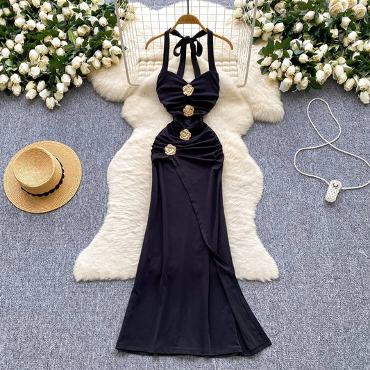 Black Halterneck Bodycon Satin Long Evening Gowns HZ1024