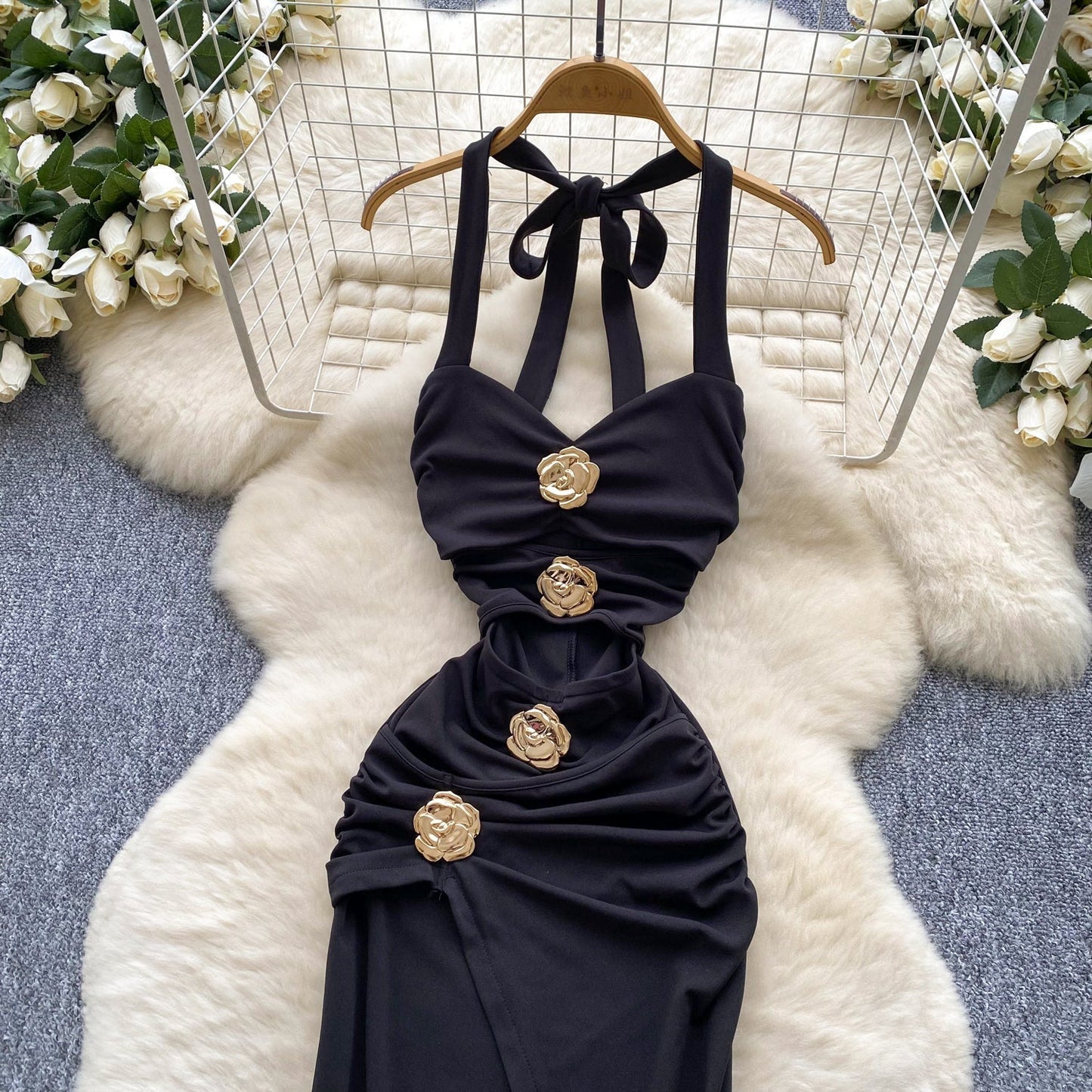 Black Halterneck Bodycon Satin Long Evening Gowns HZ1024