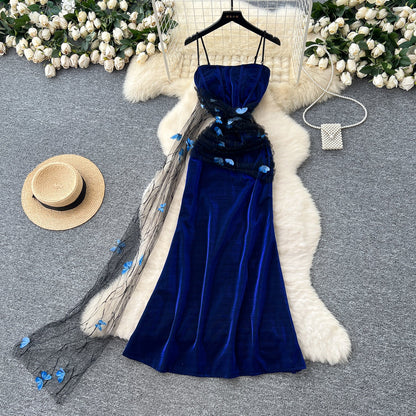 Stunning Navy Blue Spaghetti Straps Sheath Long Party Dress for Birthday&Events ED02922