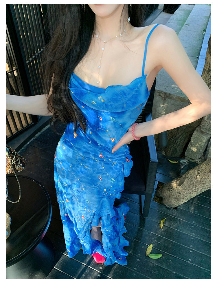 Sweetheart Blue Spaghetti Straps Mermaid Chiffon Long Prom Dresses Elegant Evening Gowns with Slit ED02923