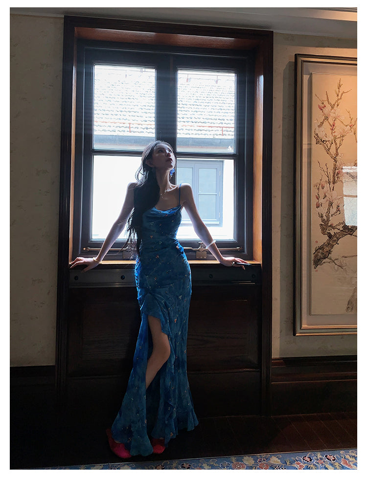 Blue Spaghetti Straps Mermaid Chiffon Long Prom Dresses Elegant Evening Gowns with Slit HZ1024