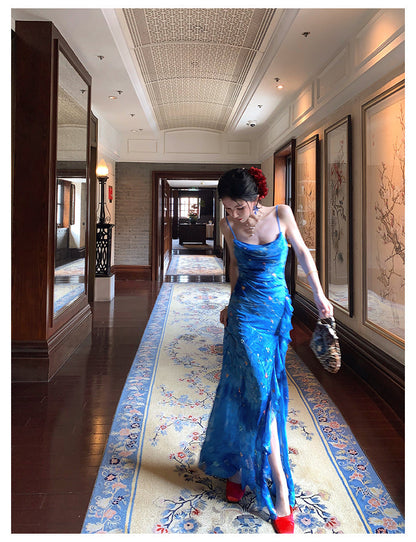 Blue Spaghetti Straps Mermaid Chiffon Long Prom Dresses Elegant Evening Gowns with Slit HZ1024