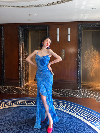 Blue Spaghetti Straps Mermaid Chiffon Long Prom Dresses Elegant Evening Gowns with Slit HZ1024