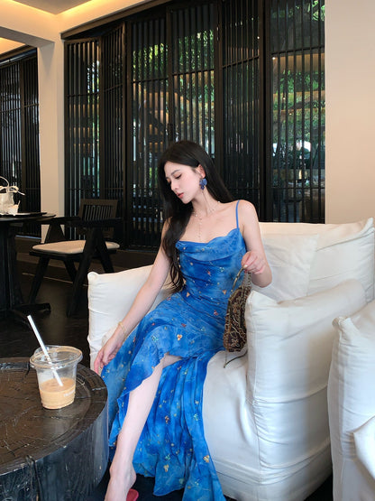 Blue Spaghetti Straps Mermaid Chiffon Long Prom Dresses Elegant Evening Gowns with Slit HZ1024