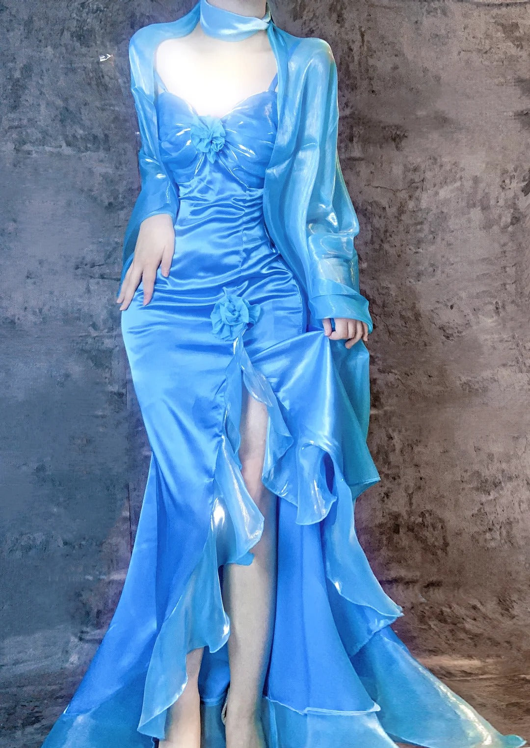 Blue Spaghetti Straps Mermaid Evening Gowns Chiffon Satin Long Stunning Prom Dresses HZ1024