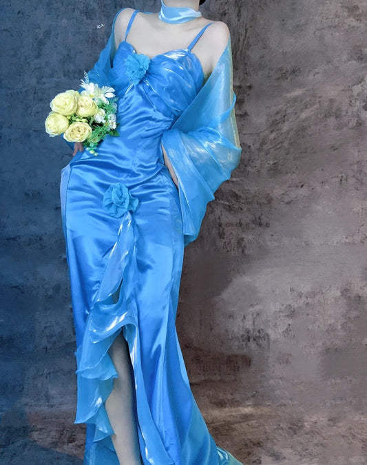 Gorgeous Blue Spaghetti Straps Mermaid Evening Gowns Chiffon Satin Long Stunning Prom Dresses ED02925