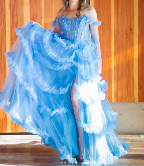 Blue Spaghetti Straps A-Line Tulle Long Prom Dresses Formal Evening Gowns with Slits HZ1024