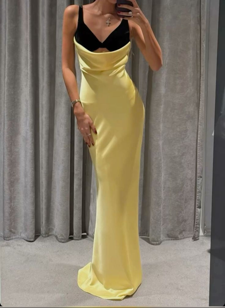 Yellow V Neck Sheath Satin Long Prom Dresses Birthday Dresses Glam Guest Dresses HZ1024