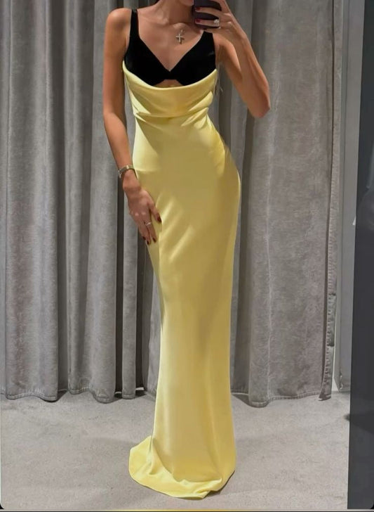 Yellow V Neck Sheath Satin Long Prom Dresses Birthday Dresses Glam Guest Dresses HZ1024