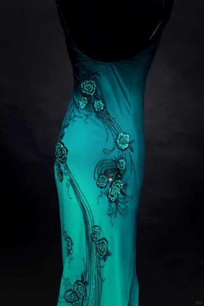 Stunning Jade Gradient Spaghetti Straps Sheath Chiffon Beading Long Prom Dresses Classic Formal Evening Gowns ED02934