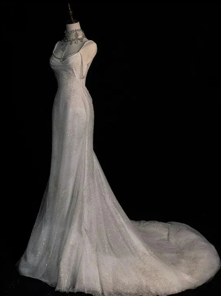 White Spaghetti Straps Mermaid Tulle Evening Gown Shiny Trailing Wedding Dress HZ1024