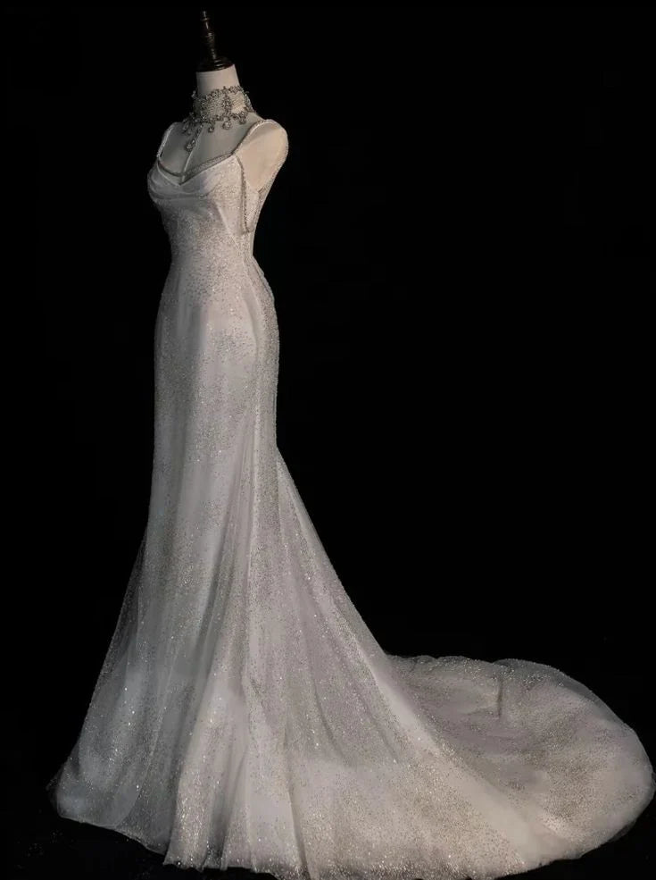 Elegant White Spaghetti Straps Mermaid Tulle Evening Gown Shiny Trailing Wedding Dress ED02937