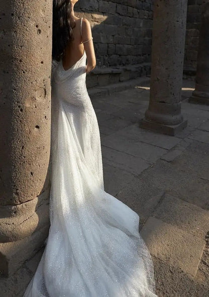 Elegant White Spaghetti Straps Mermaid Tulle Evening Gown Shiny Trailing Wedding Dress ED02937