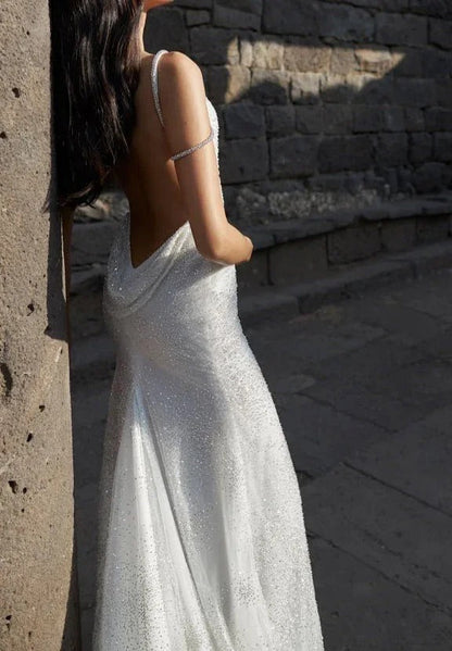 Elegant White Spaghetti Straps Mermaid Tulle Evening Gown Shiny Trailing Wedding Dress ED02937