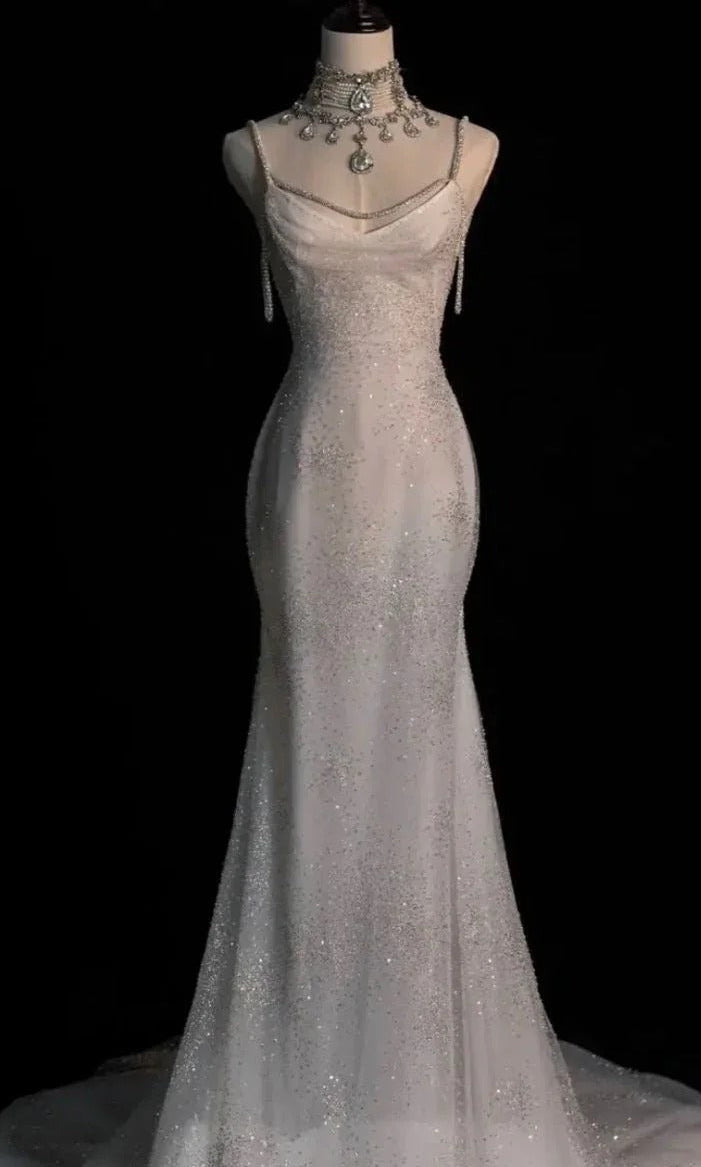 White Spaghetti Straps Mermaid Tulle Evening Gown Shiny Trailing Wedding Dress HZ1024