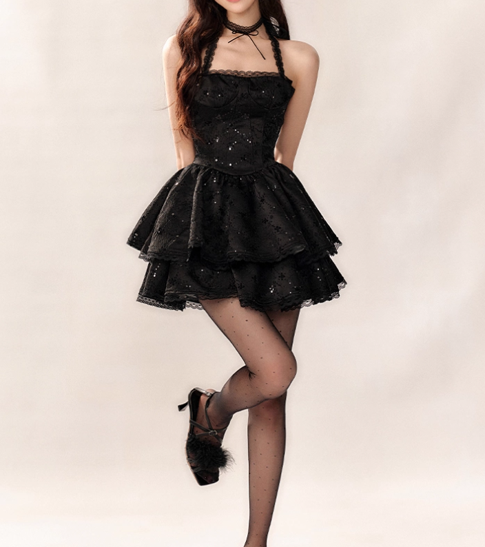 Black Halter Neck A-Line Lace Tulle Short Prom Dresses Back to School Dress with Sequins HZ1024
