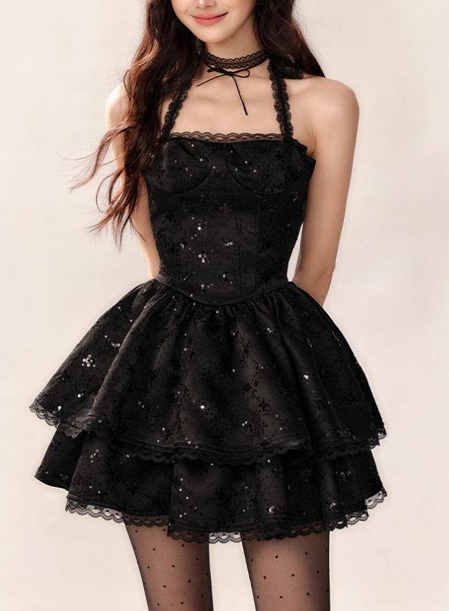 Black Halter Neck A-Line Lace Tulle Short Prom Dresses Back to School Dress with Sequins HZ1024