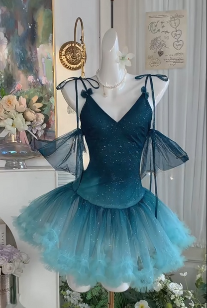 Stunning Gradient Jade V-neck A-Line Tulle Short Party Dresses Sweetheart 16 Birthday Dress ED02942