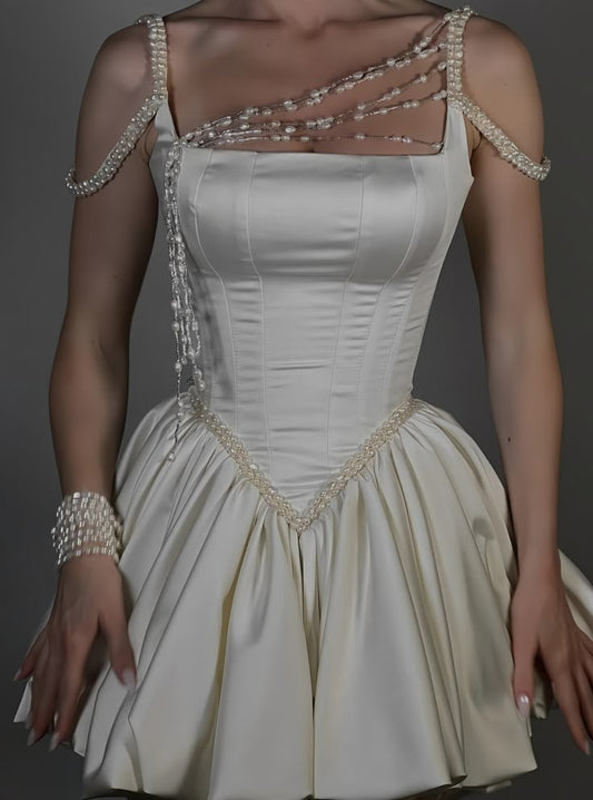 Classic White Square Neck A-Line Short Satin Birthday Evening Gowns Sweet Party Dress with Pearls ED02944