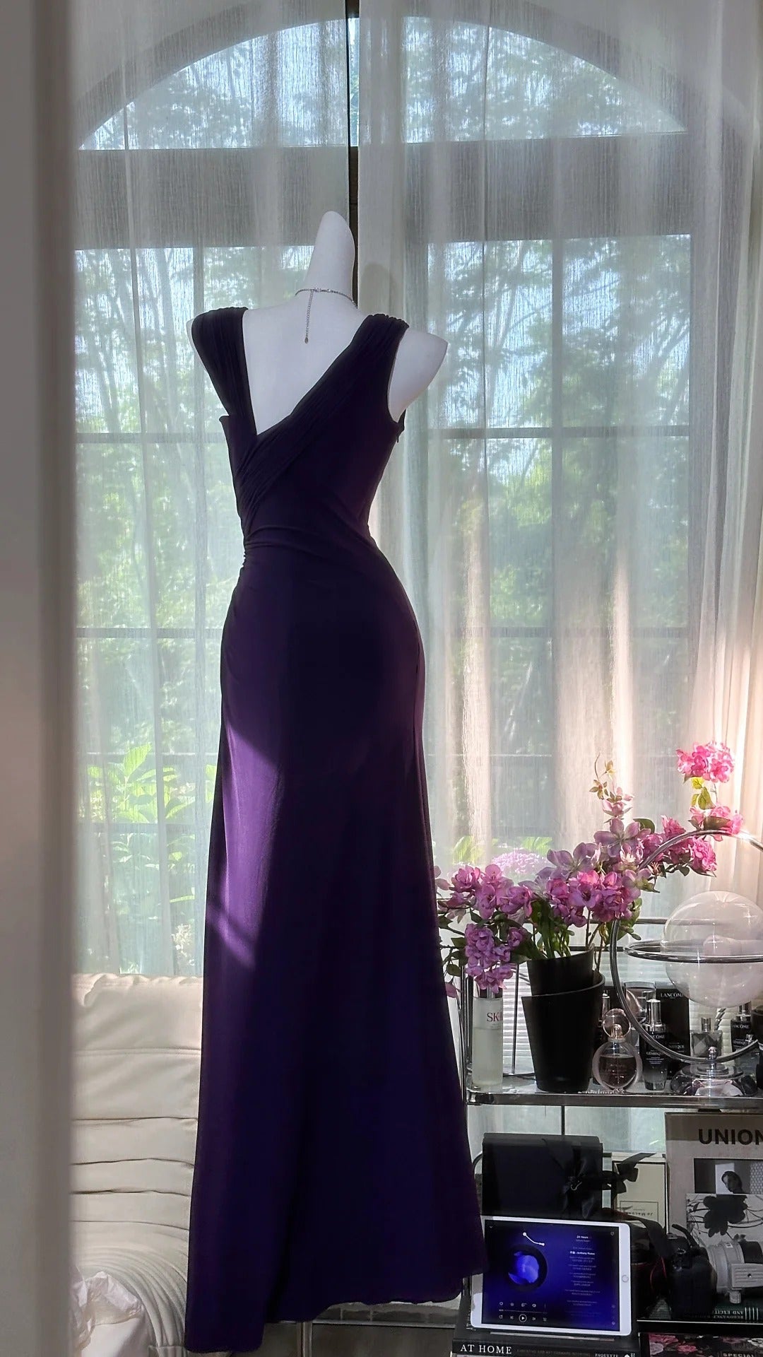 Elegant Dark Purple V Neck Sheath Chiffon Long Prom Dresses Formal Evening Gowns ED02952