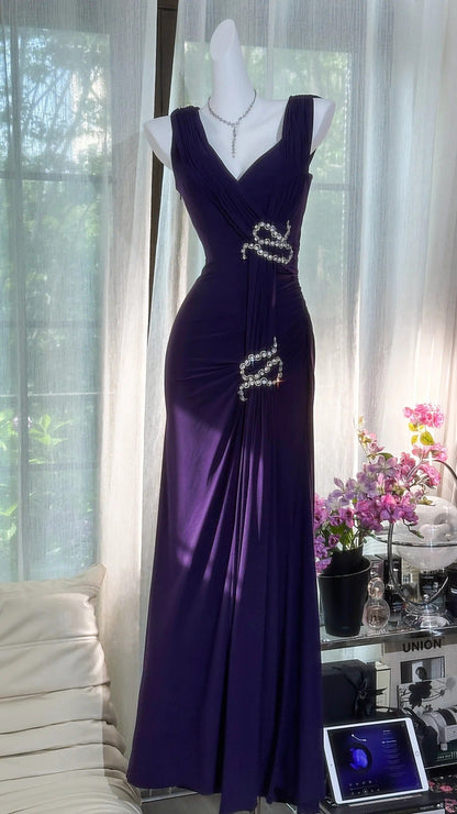 Dark Purple V Neck Sheath Chiffon Long Prom Dresses Formal Evening Gowns HZ1024