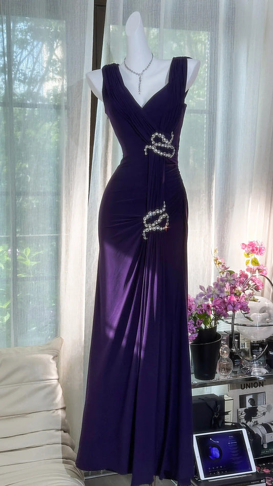 Elegant Dark Purple V Neck Sheath Chiffon Long Prom Dresses Formal Evening Gowns ED02952