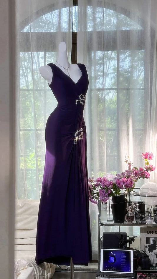 Dark Purple V Neck Sheath Chiffon Long Prom Dresses Formal Evening Gowns HZ1024