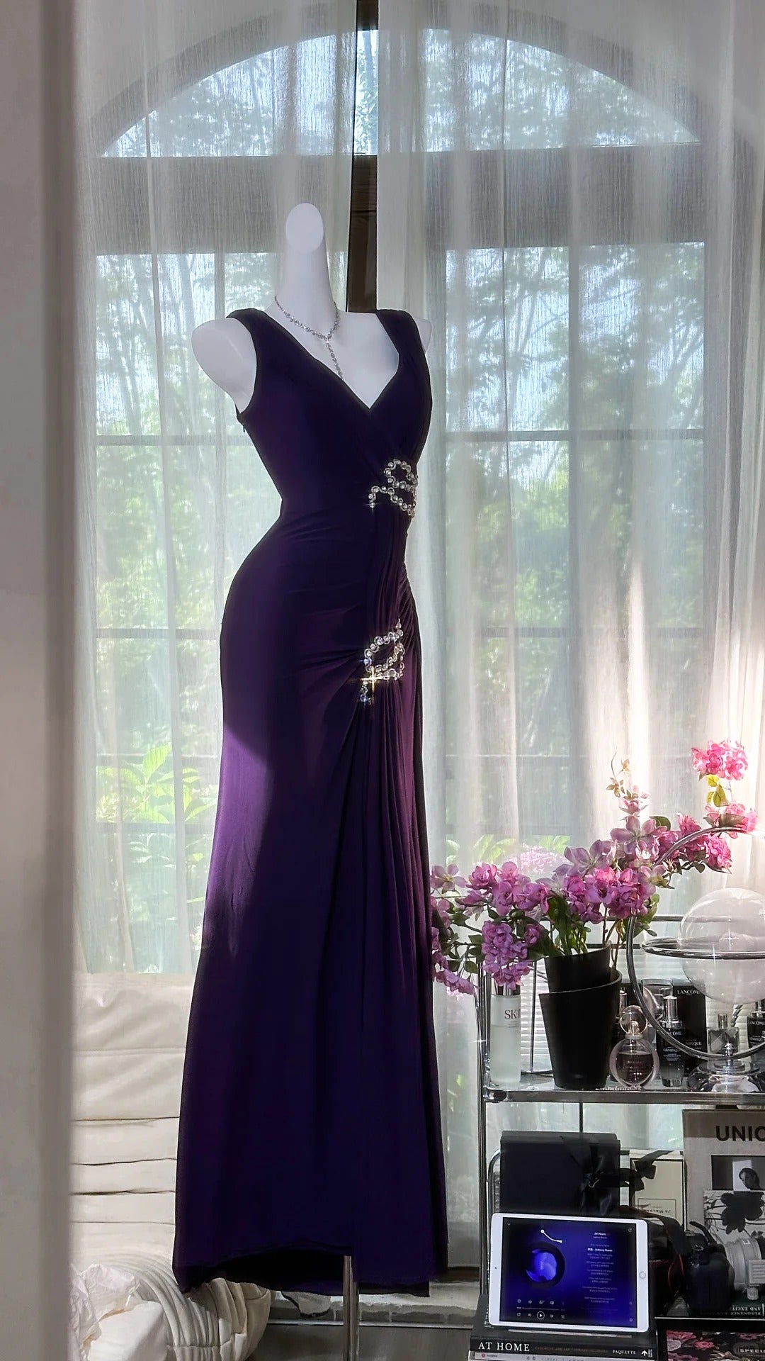 Elegant Dark Purple V Neck Sheath Chiffon Long Prom Dresses Formal Evening Gowns ED02952