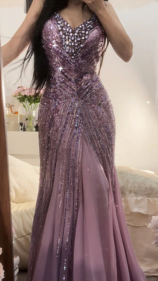 Stunning Purple V-neck Mermaid Beaded Chiffon Long Prom Dresses Vintage Evening Gowns ED02954