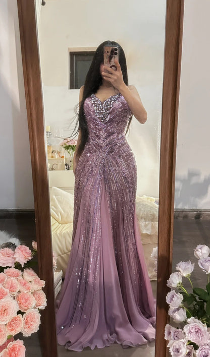 Stunning Purple V-neck Mermaid Beaded Chiffon Long Prom Dresses Vintage Evening Gowns ED02954