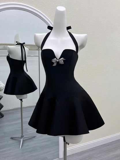Black Halter A-Line Satin Short Evening Gowns Sweet Homecoming Dress HZ1024