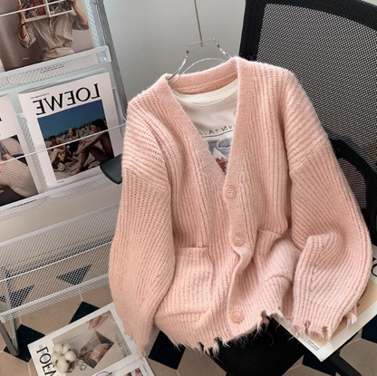 Chunky Knit Ripped Edge Cardigan Sweater ED0295
