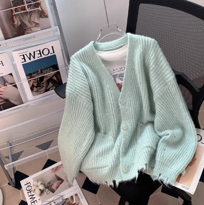 Chunky Knit Ripped Edge Cardigan Sweater ED0295
