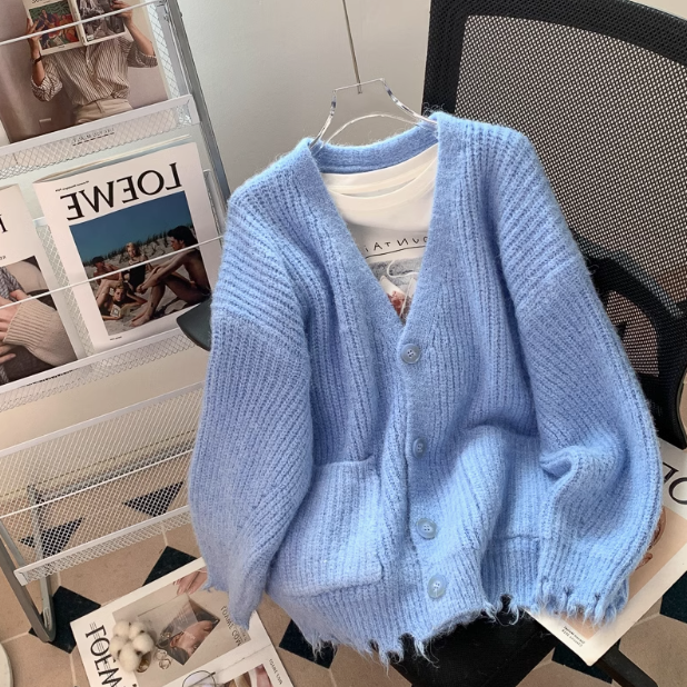 Chunky Knit Ripped Edge Cardigan Sweater ED0295