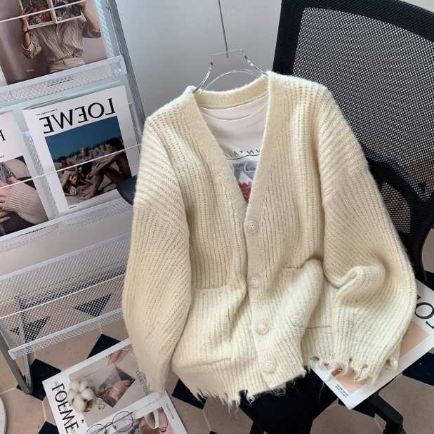Chunky Knit Ripped Edge Cardigan Sweater ED0295