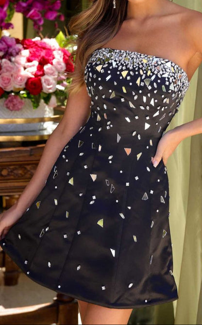 Fashion Black Strapless A-line Satin Short Evening Gowns Sweet 17 Dress with Diamonds ED02961