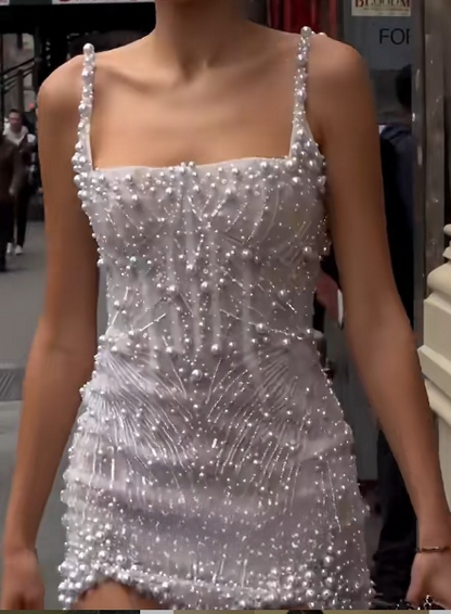 Sweet White Square Neck Sheath Beaded  Short Wedding Dress Birthday Evening Gowns ED02963