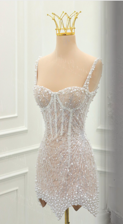 Sweet White Square Neck Sheath Beaded  Short Wedding Dress Birthday Evening Gowns ED02963