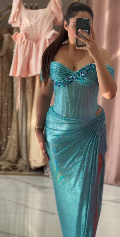Fashion Blue Strapless Sheath Glitter Two-Piece Prom Dresses Formal Evening Gowns with Slits ED02972