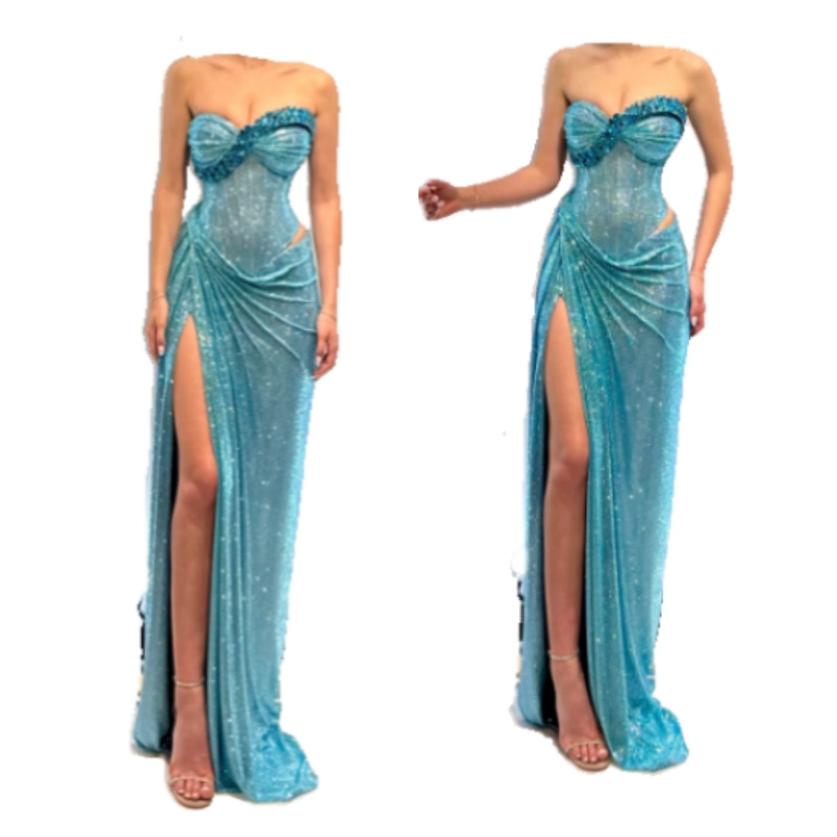 Fashion Blue Strapless Sheath Glitter Two-Piece Prom Dresses Formal Evening Gowns with Slits ED02972